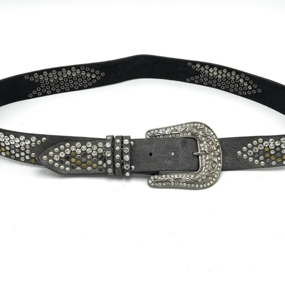 Rhinestone Studded Leather Western Belt M L 38-42 Boho Cowgirl Bling Rodeo Gray